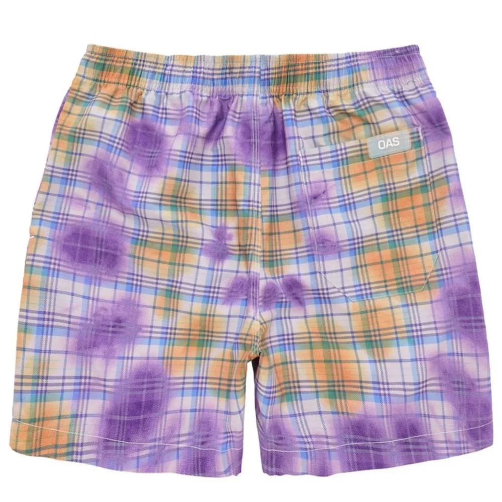 OAS TARTAN TIE DYED 4’ inch swim trunks pockets elastic drawstring waist M